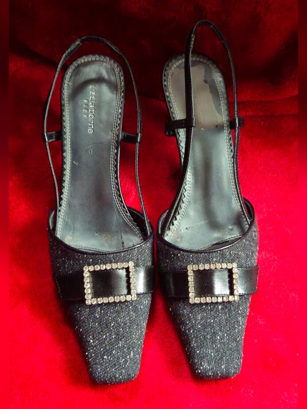 Liz Claiborne Black Leather & Textile Slingback Heels w/Rhinestone Buckle-Size 8